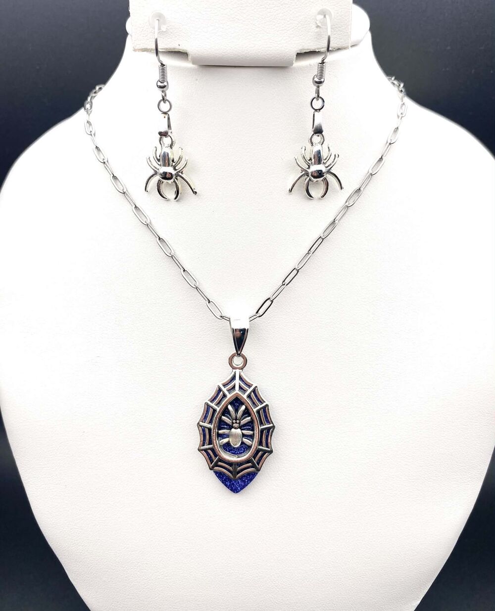 Spider Web & Spider Necklace Earrings Set Blue Silver Tone Halloween Jewelry